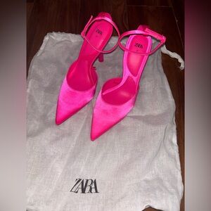 Zara Satin Vibrant Pink Pointed Toe Stiletto Heel